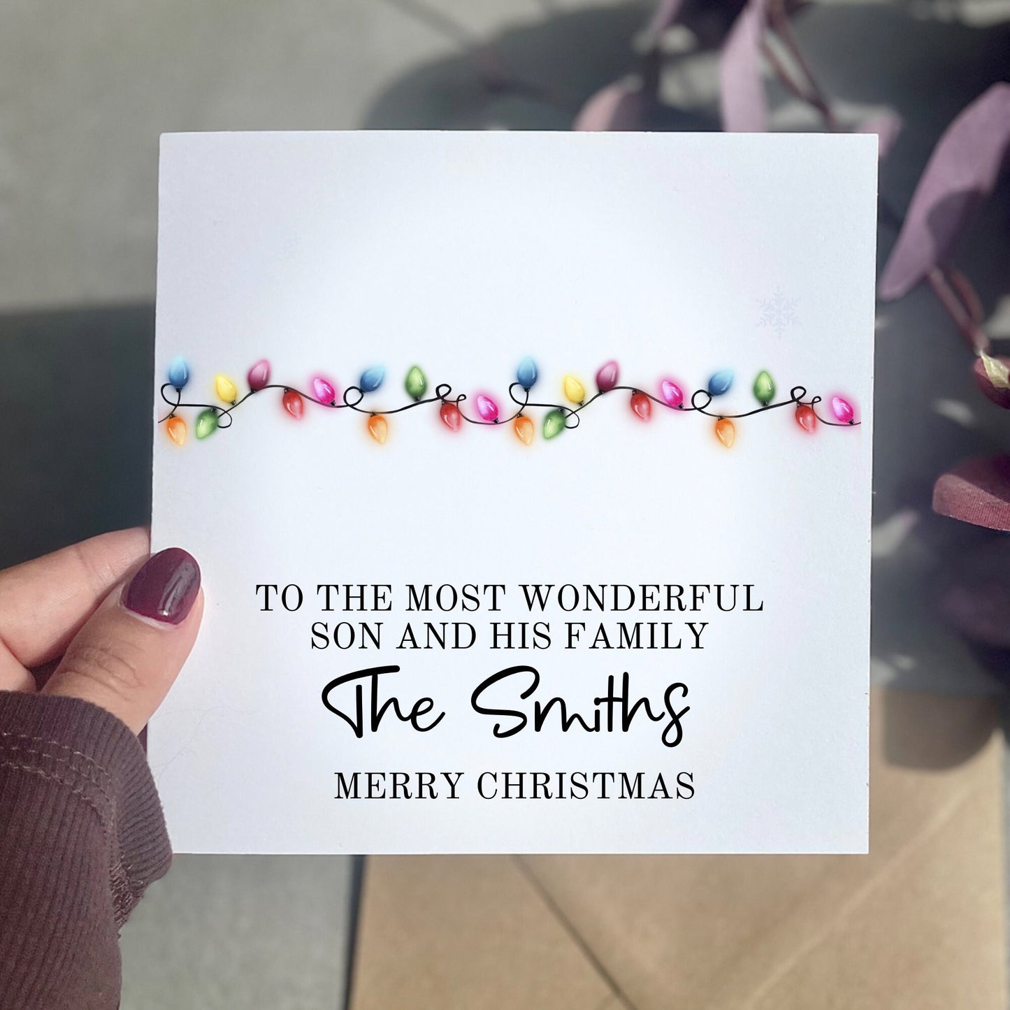 To a wonderful son and his family Christmas card, personalised Christmas card for our daughter and her family. Xmas greeting card