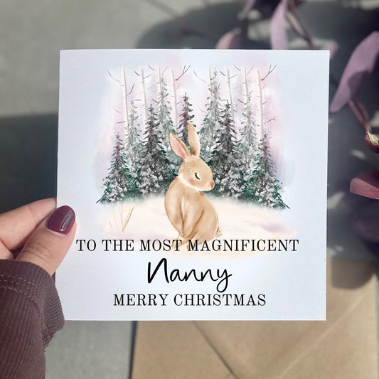 To the most magnificent Nanny Christmas card, Christmas tree scene and rabbit card for Granny, Nonna, Nanny, Grandma