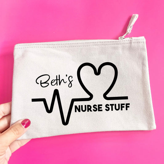Nurse stuff pouch, customised nurse pouch, cardiology nurse gift, new nursing job gift, zipped cotton pouch for work stuff on ward