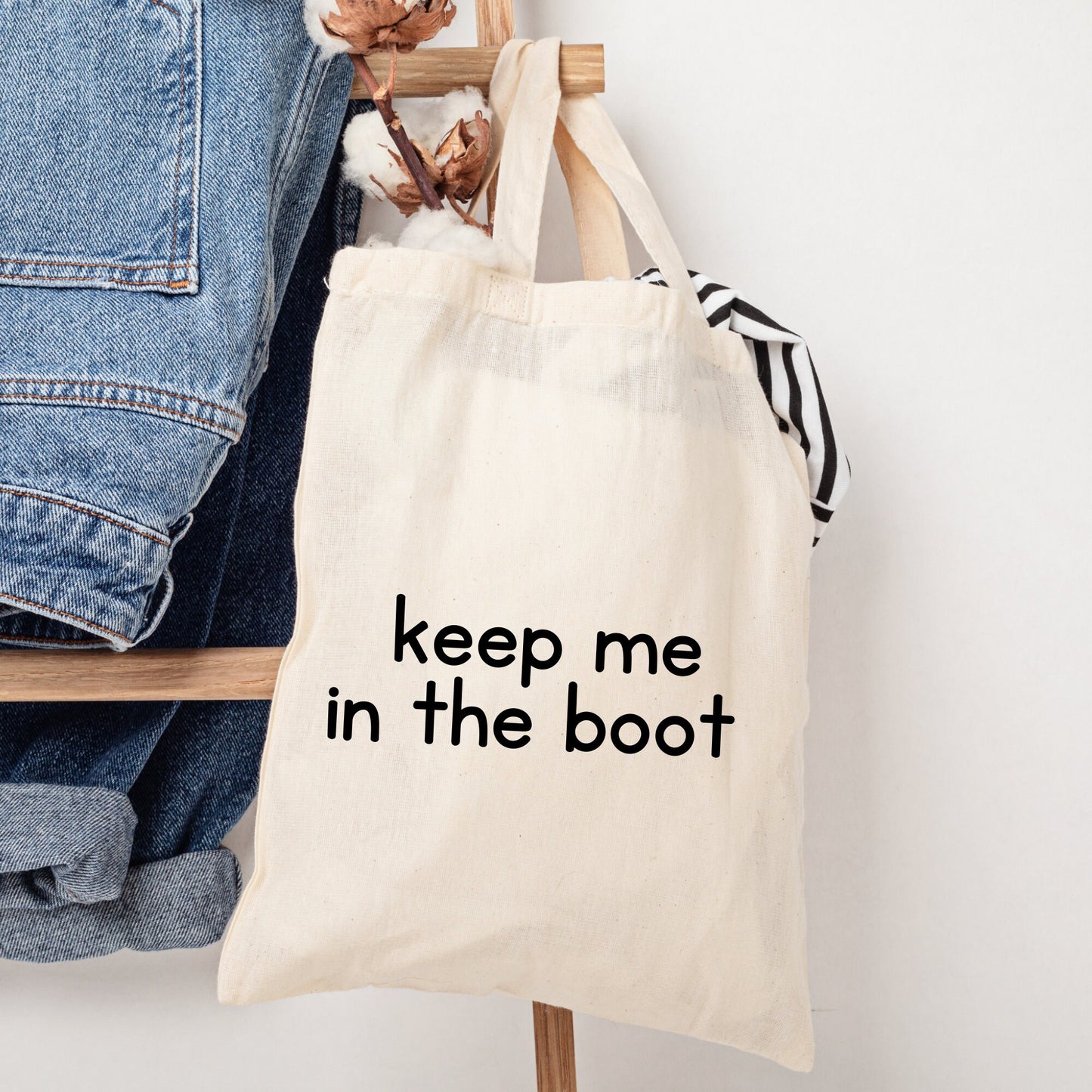 Canvas cotton shopping tote bag, keep me in the car boot bag, reusable shopper bag to carry groceries after a food shop, mum and gran gifts