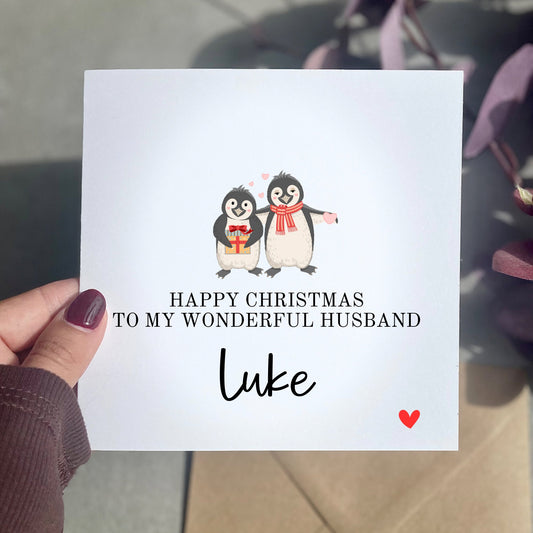 Happy Christmas wonderful husband, personalised Xmas card for husband, penguin couple, first xmas married