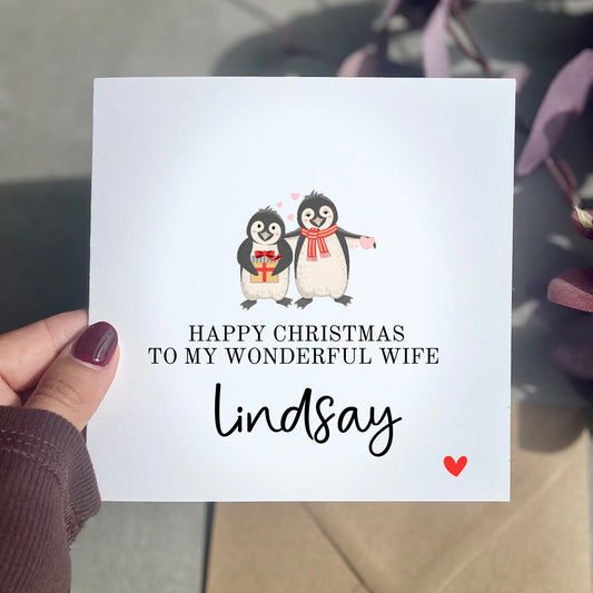 Happy Christmas wonderful wife, personalised Xmas card for wife, penguin couple, first xmas married as mr and Mrs