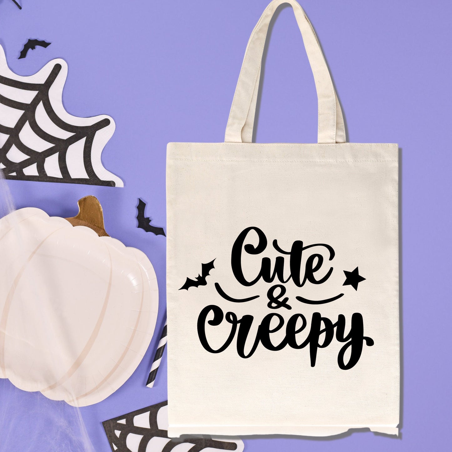Cute and Creepy halloween tote bag, trick or treat bag, autumn/  fall reusable shopping bag, neutral canvas tote long handles