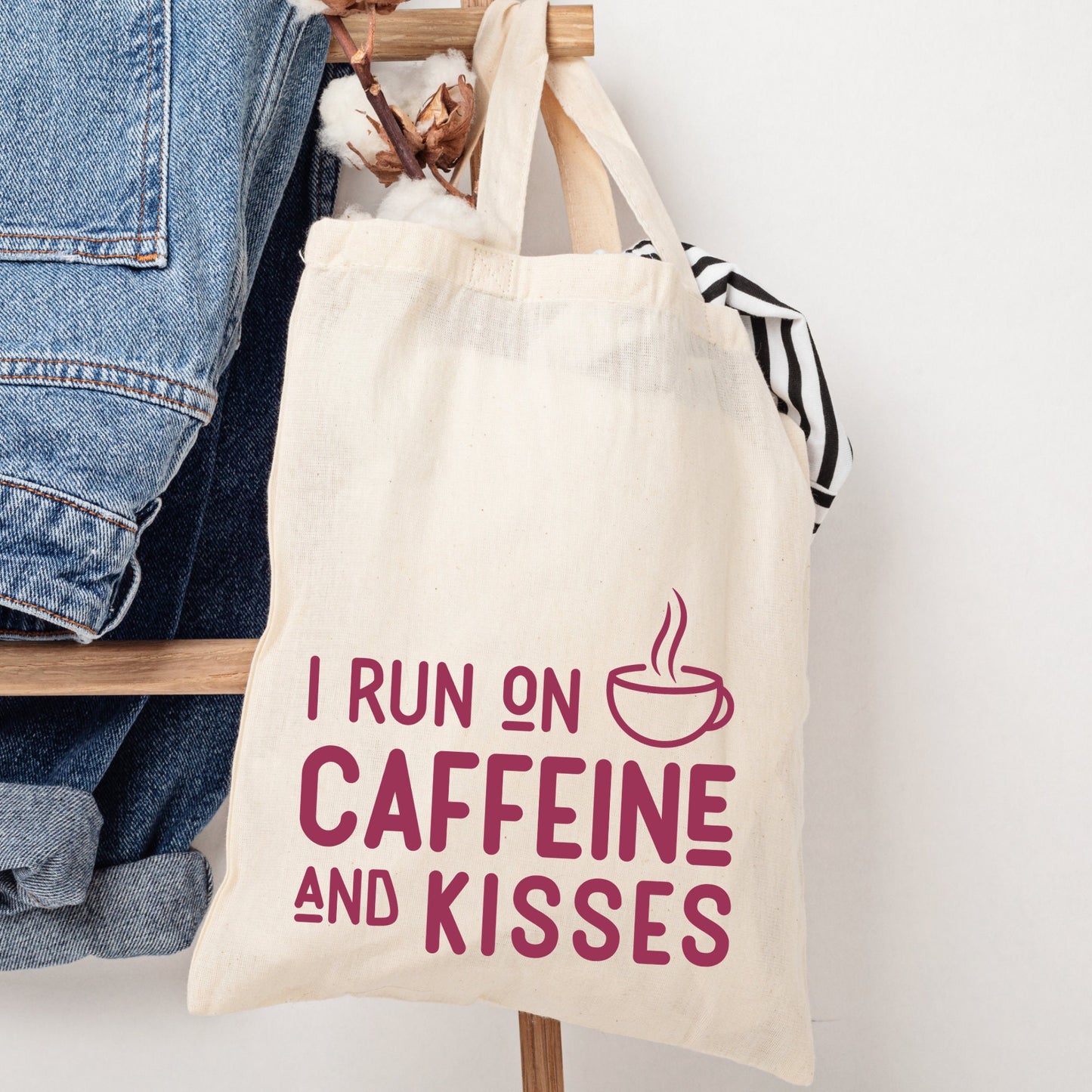 I run on caffeine and kisses tote bag, college uni tote bag, fun bags, Xmas gifts, stocking fillers, teenage daughter, neice Christmas gift