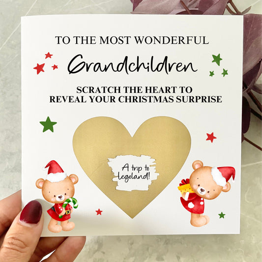 Grandchildren Christmas cards, scratch off card to reveal surprises and Xmas gift, experience day xmas present